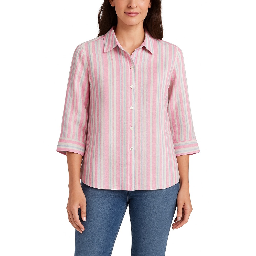 66 Blouse Westbound Women  Size L Linen Pink‎ White Striped Button Up 3/4 Sleeve